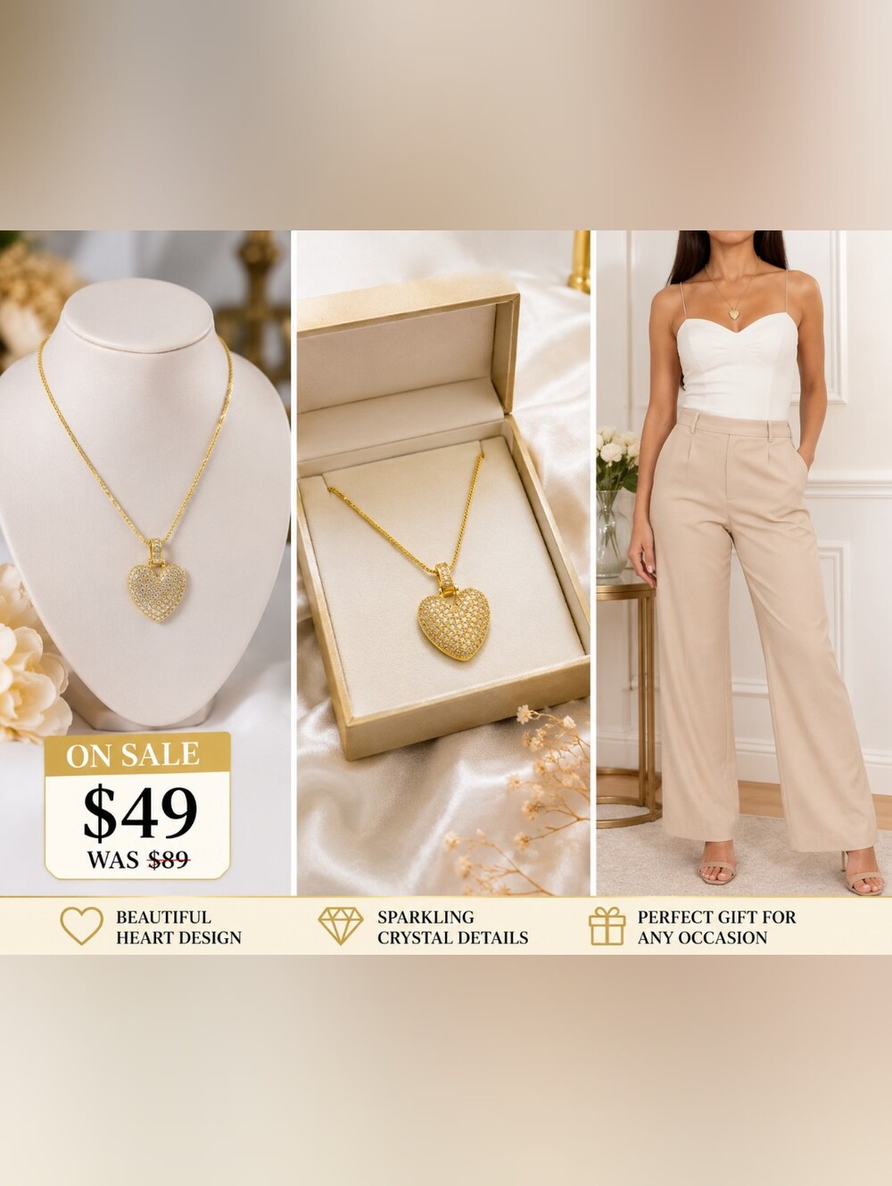 Gold Filled Sparkling Heart Pendant Necklace for Women – Elegant Crystal Stateme